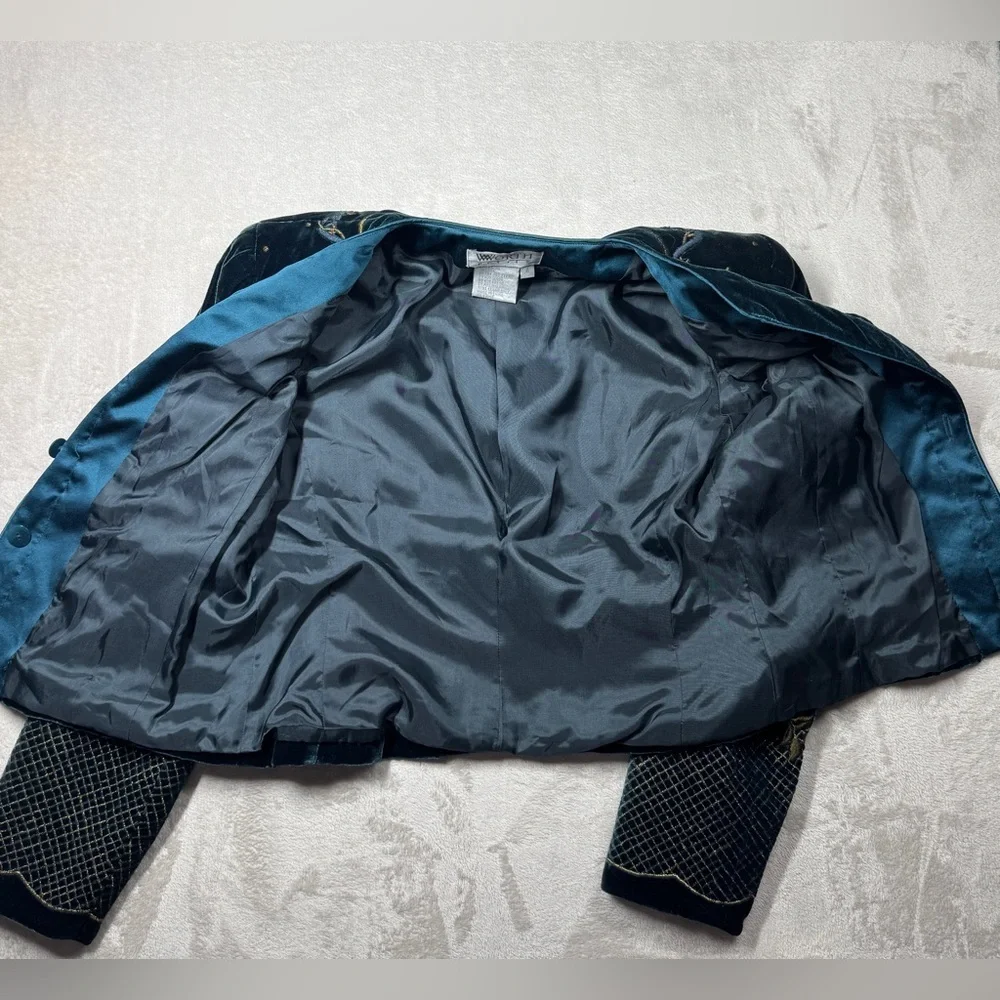 Vintage Worth Silk Blend Dark Teal Velvet Embroidered Celestial Blazer Size 4P - Picture 8 of 17